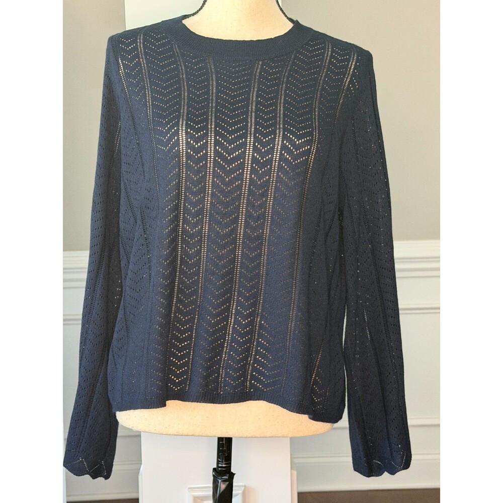 Adrianna Papell Chevon Pointelle Pullover Sweater w/Bell Sleeves Navy Blue Sz L